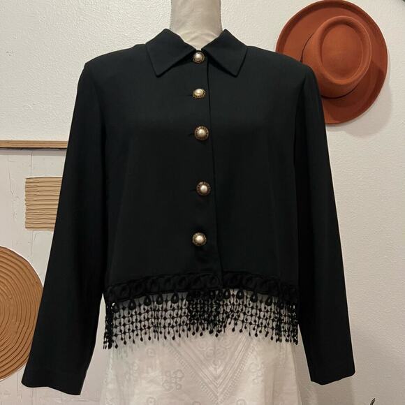 FTLTD Black Vintage 90s Fringe Trim Gold Button Front Cropped Blazer Jacket USA - Picture 8 of 13